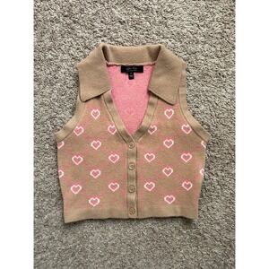 Witty Fox Knit Vest Tan Pink Heart Argyle Collared Sleeveless Button Up M